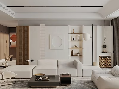 Modern Living Room Interior Design With White Sofa Wooden Coffee Table And Fireplace 3d model