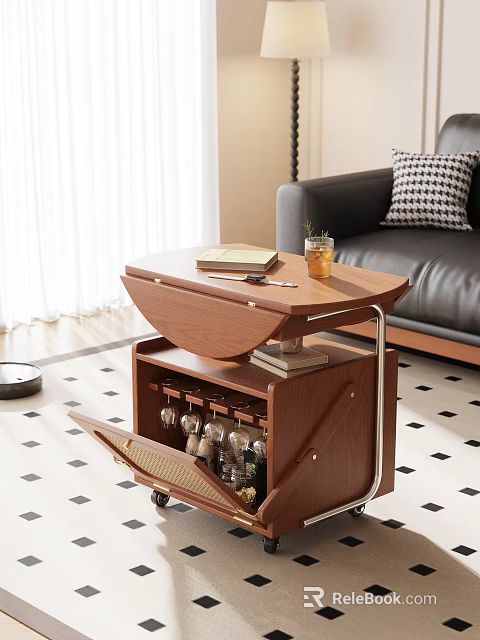 Wooden Foldable Coffee Table with Storage Space and Wheels in Modern Living Room 3d model 