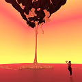 Giant Black Art Installation Featuring Dripping Red Liquid Orange Red Backdrop And Human Figure