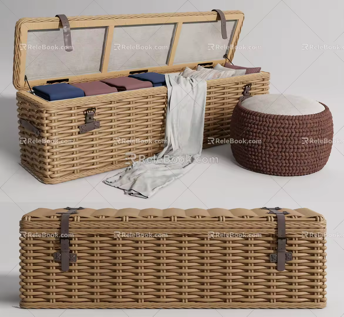 Southeast Asia Box Rattan Box Low Stool Combination 3d model