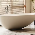 Freestanding White Bathtub In Modern Bathroom With Window Blinds Plants And Side Table