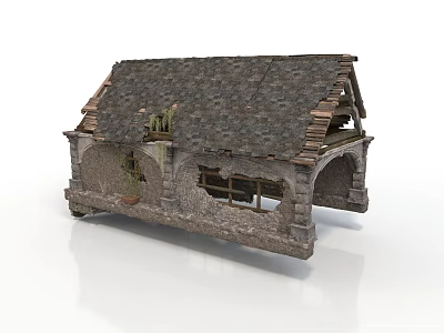 Old Abandoned Stone Cottage Model With Broken Tile Roof Stone Walls Arched Windows And Vines 3d model