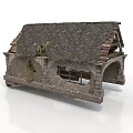 Old Abandoned Stone Cottage Model With Broken Tile Roof Stone Walls Arched Windows And Vines