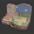 Open Pink Suitcase Featuring Cartoon Scene Small Cabin Green Trees Blue Sky White Clouds