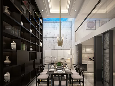 Traditional Chinese Restaurant Interior With Dark Wooden Shelves White Porcelain Chandelier And Dining Table 3d model