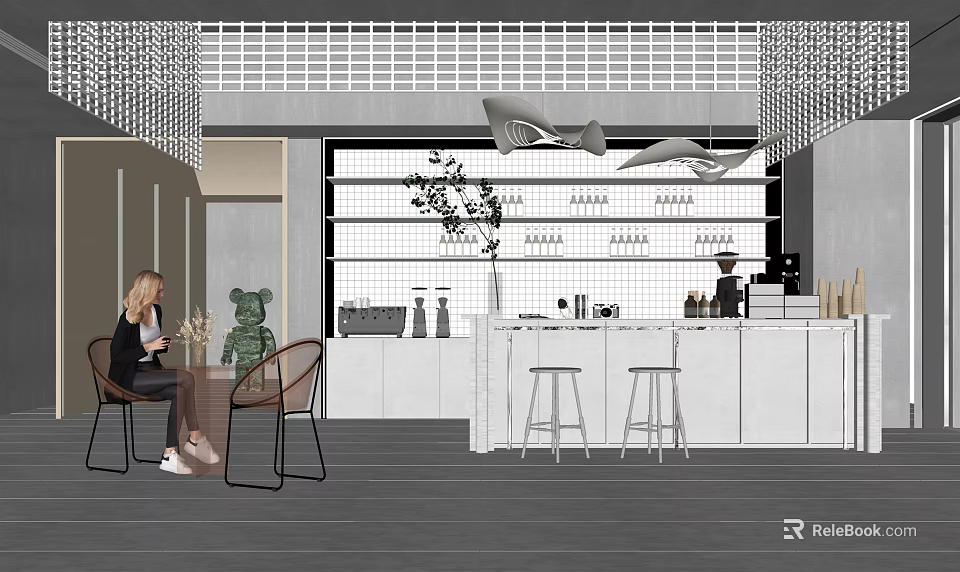Modern Break Room With White Cabinets Bar Counter Stools Green Decorative Bear And Cup Shelves 3d model 
