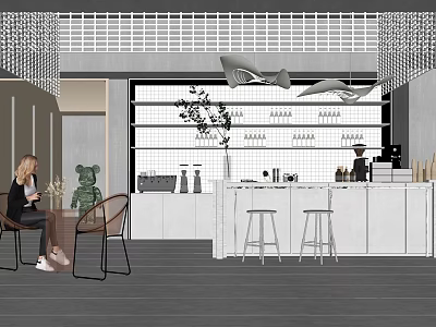 Modern Break Room With White Cabinets Bar Counter Stools Green Decorative Bear And Cup Shelves 3d model