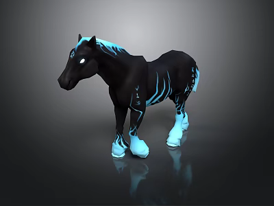 Black Horse Featuring Blue Skeletal Patterns Glowing Eyes Blue Hooves On Dark Background Reflection 3d model