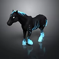 Black Horse Featuring Blue Skeletal Patterns Glowing Eyes Blue Hooves On Dark Background Reflection