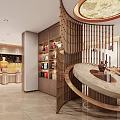 Elegant Chinese Interior Design With Wooden Partitions Circular Decor And Display Shelves