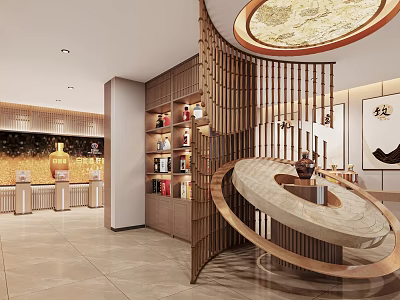 Elegant Chinese Interior Design With Wooden Partitions Circular Decor And Display Shelves 3d model