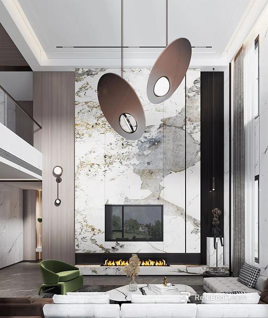 Duplex Living Room Modern Interior With Marble Feature Wall And Pendant Lights 3d model