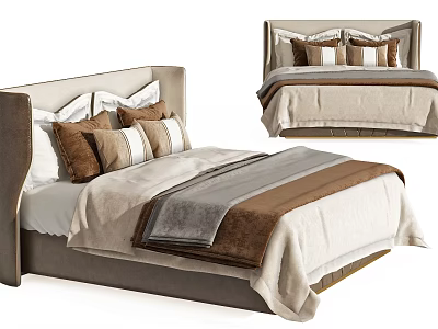 Modern Upholstered Double Bed With Stylish Headboard Brown Beige Pillows And Blanket 3d model