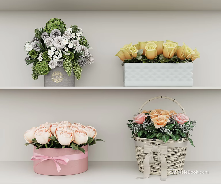 Decorative Vases With Fresh Flowers Including Yellow Pink Roses White Blooms And Woven Basket 3d model 