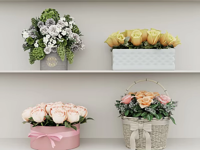 Decorative Vases With Fresh Flowers Including Yellow Pink Roses White Blooms And Woven Basket 3d model
