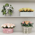 Decorative Vases With Fresh Flowers Including Yellow Pink Roses White Blooms And Woven Basket