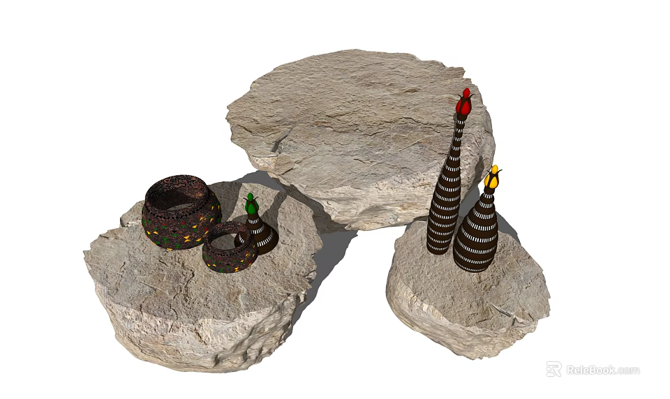 Natural Stone Stool Design With Woven Basket And Conical Decorative Elements 3d model