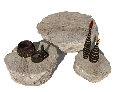 Natural Stone Stool Design With Woven Basket And Conical Decorative Elements 3d model