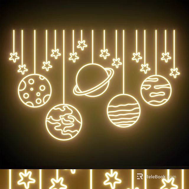 Modern Hanging Decorative Lights With Neon Planets and Glowing Stars 3d model 