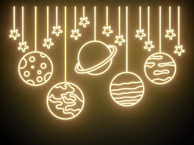 Modern Hanging Decorative Lights With Neon Planets and Glowing Stars 3d model