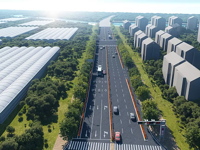 Municipal Road With Multiple Lanes Greenery And Buildings On Both Sides 3d model