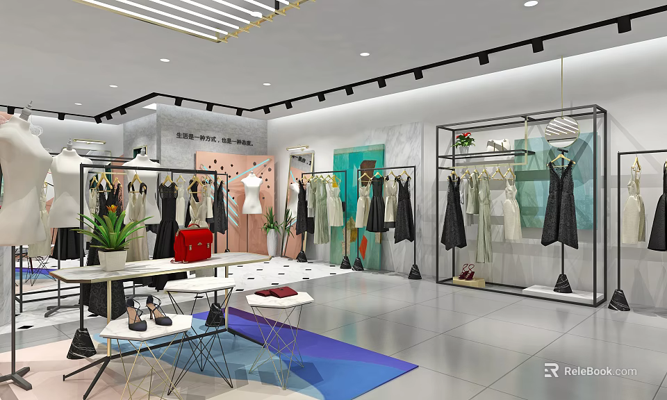Stylish Modern Clothing Store Interior With Display Racks Dresses And Decorative Plants 3d model 