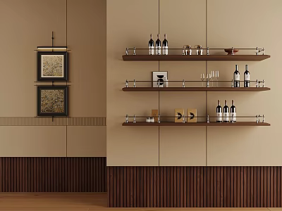 Modern Wall Mounted Shelves Displaying Wine Bottles Glasses And Decor Items 3d model