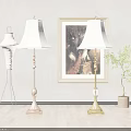 Two Floor Lamps With White Shades In Room With Curtains Painting Plant And Wooden Floor