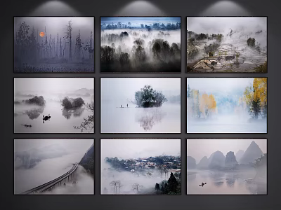 Misty Landscape Paintings With Mountains Rivers Sunset Boats And Village Scenes 3d model