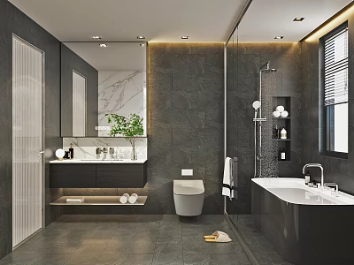 Elegant Dark Marble Modern Bathroom With Sink Toilet Shower And Freestanding Bathtub Interior Design 3d model