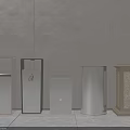 Various Stylish Waste Bins In Different Materials Against Modern Tile Wall