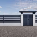 Modern Entrance Gate With White Pillars and Roofed Top Alongside Striped Fence Under Blue Sky
