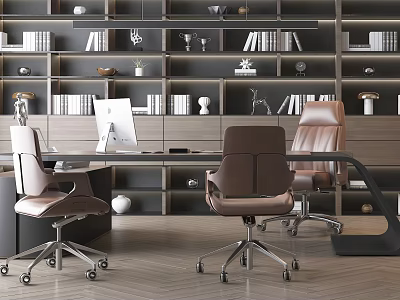 Modern Office Workspace With Large Desk Computer Monitor Leather Chairs And Bookshelves 3d model