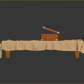 Double Bed With Beige Bed Sheet And Open Orange Suitcase On Top With Wooden Legs
