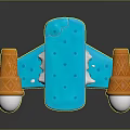 Blue sandwich shaped toy with two orange ice cream cones white tops and striped straw