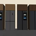 Row of Modern Refrigerators With Wooden Top Cabinets And Digital Display Screens
