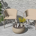Beige Rattan Outdoor Patio Chairs And Round Table With Stone Wall Background