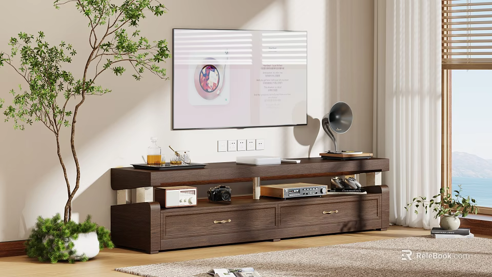 Modern Dark Brown TV Stand With Drawers Shelves Audio Equipment And Camera In Living Room 3d model 