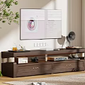 Modern Dark Brown TV Stand With Drawers Shelves Audio Equipment And Camera In Living Room