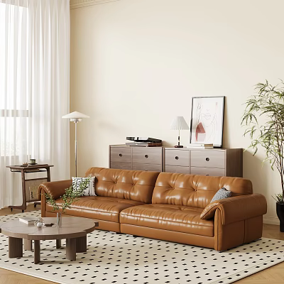 Brown Leather Sofa and Round Coffee Table Set with Floor Lamp Curtains and Potted Plant 3d model