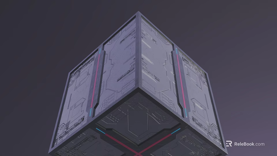 Futuristic Cube With Intricate Textured Surfaces And Red Blue Accent Lines 3d model 