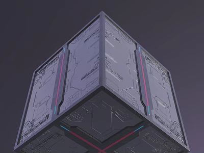 Futuristic Cube With Intricate Textured Surfaces And Red Blue Accent Lines 3d model