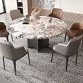 Modern Round Dining Table Set With Marble Top And Six Brown Grey Chairs 3d model