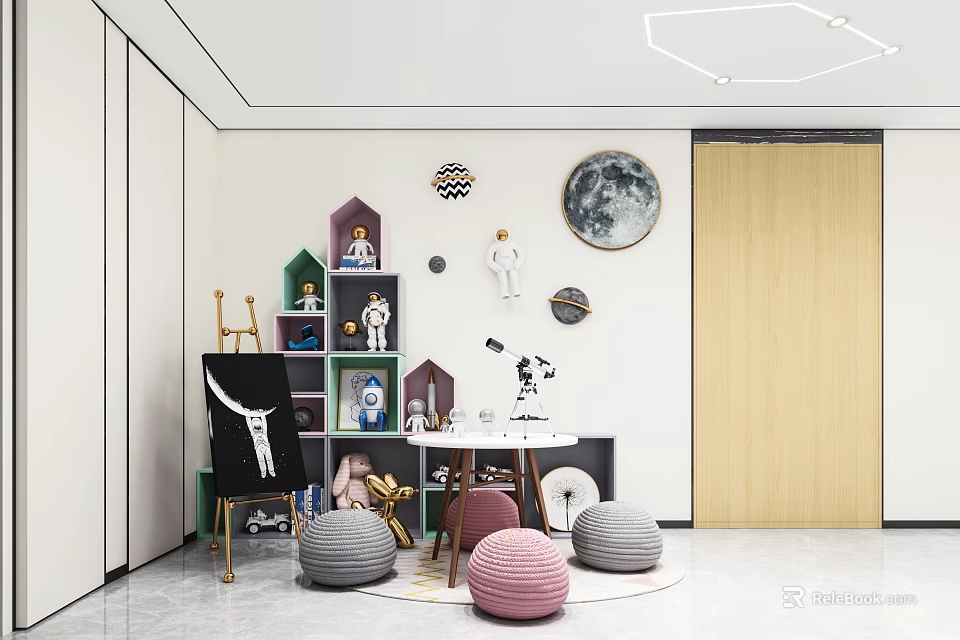 Colorful Playroom With Dolls Moon Wall Decor Telescope Easel And Round Cushions 3d model 