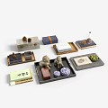 Chinese Style Decorative Ornament Set with Lion Figurines Trays Boxes Books Dice and Pine Cones