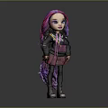 Stylish Doll Character With Pink And Purple Hair Black Hoodie Patterned Leggings Red White Shoes