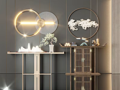 Modern Luxury Console Table With Gold Circular Lights White Mountain Ornaments Greenery Against Dark Walls 3d model