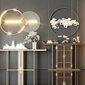 Modern Luxury Console Table With Gold Circular Lights White Mountain Ornaments Greenery Against Dark Walls