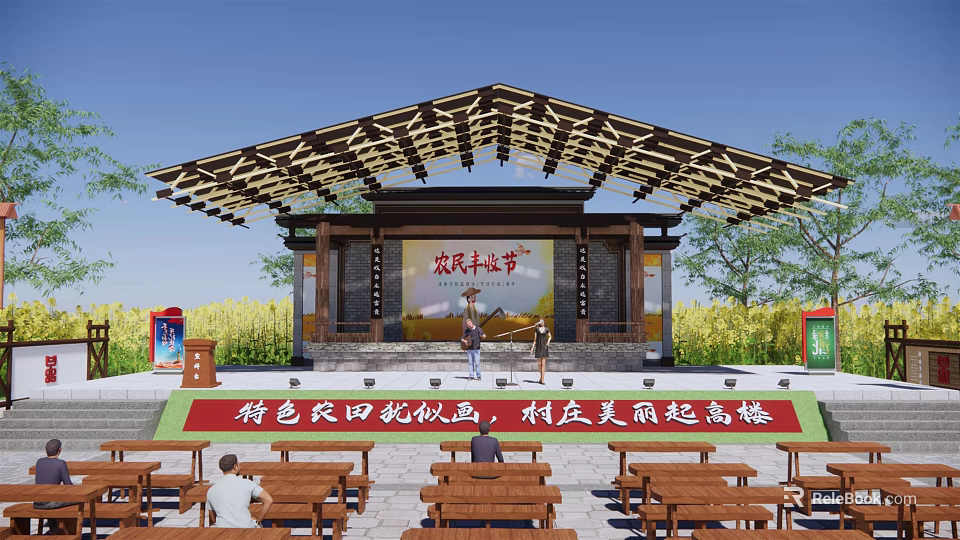 Ancient Chinese Architecture With Traditional Wooden Roof And Rural Stage Benches 3d model 