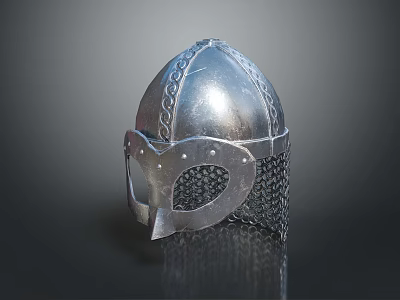 Silver Ancient Warrior Helmet With Metal Chainmail Decorative Details And Medieval Protective Design 3d model